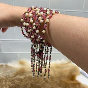 Faceted Pink/White Beads Bracelet String Stretch Multi-strands with Tassles Boho